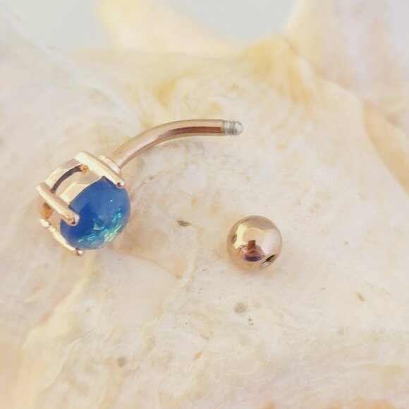 Synthetic Blue Opal Glitter Rose Gold Steel Navel Ring Belly Button 14G Jewelry - Picture 5 of 6